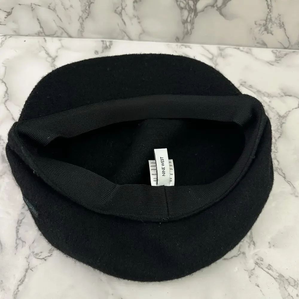 Nine West Womens Vintage Y2k Newsboy Hat Black White Flower Wool Blend